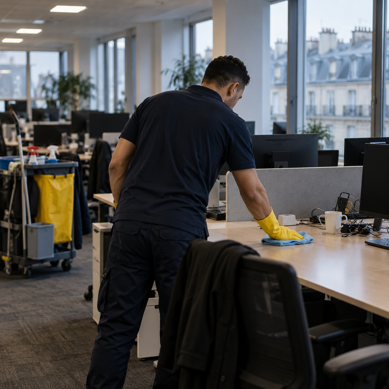 Agent JSB Nettoyage nettoyant un bureau dans un open space à Paris