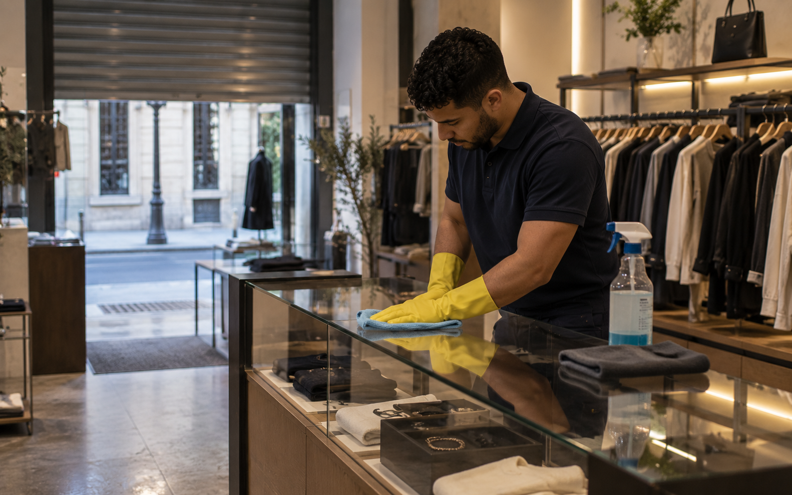 Nettoyage du comptoir d’une boutique avant l’ouverture