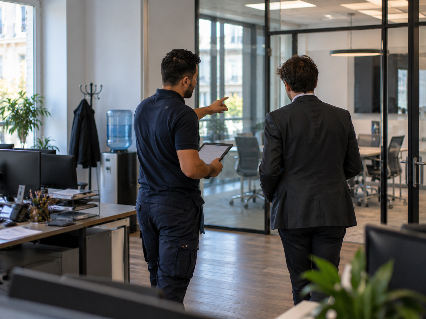 Responsable JSB Nettoyage en visite de locaux avec un client