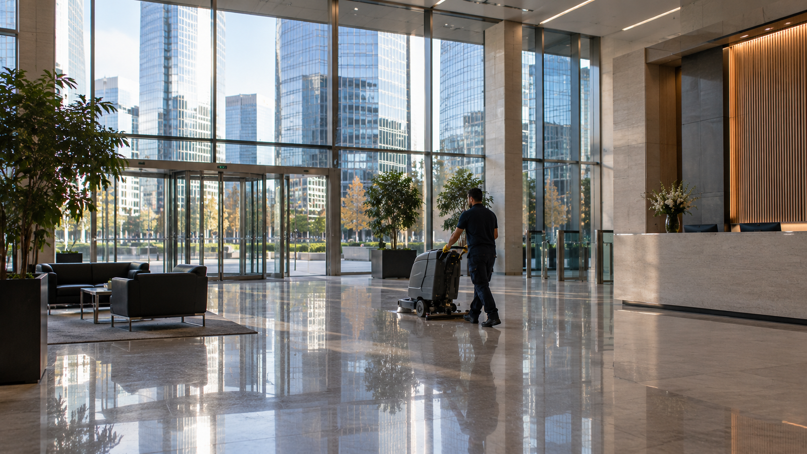 Nettoyage du hall d’un immeuble de bureaux dans les Hauts-de-Seine