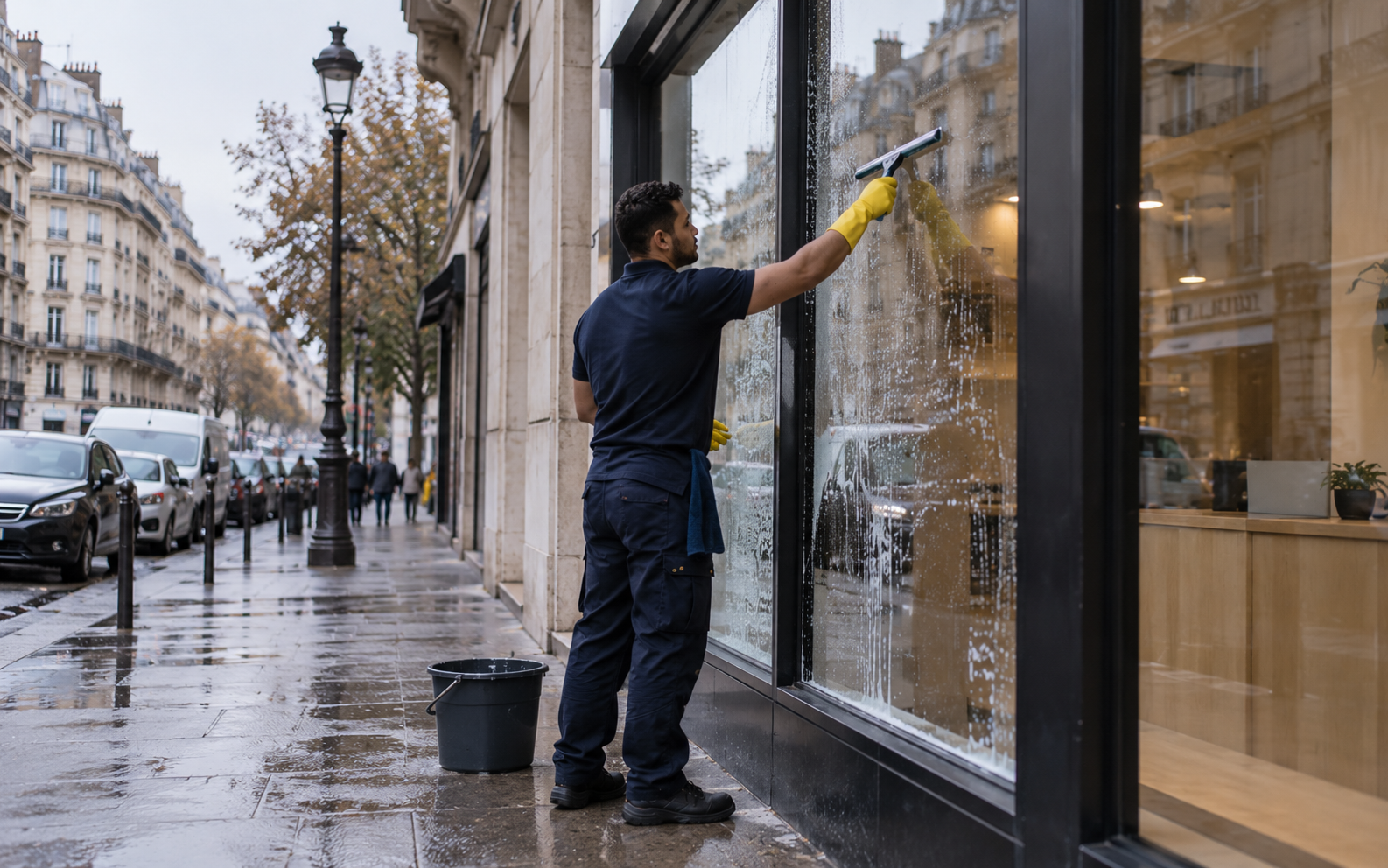Nettoyage de la vitrine d’un commerce à la raclette depuis le trottoir